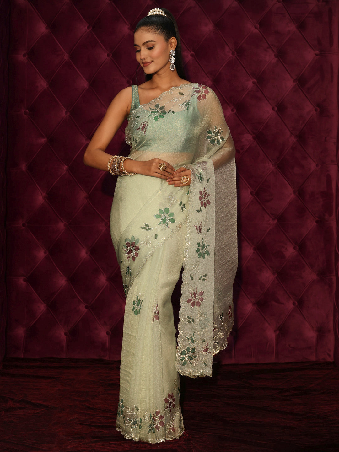  Libas Green Floral Stone Work Embellished Tissue Saree 
