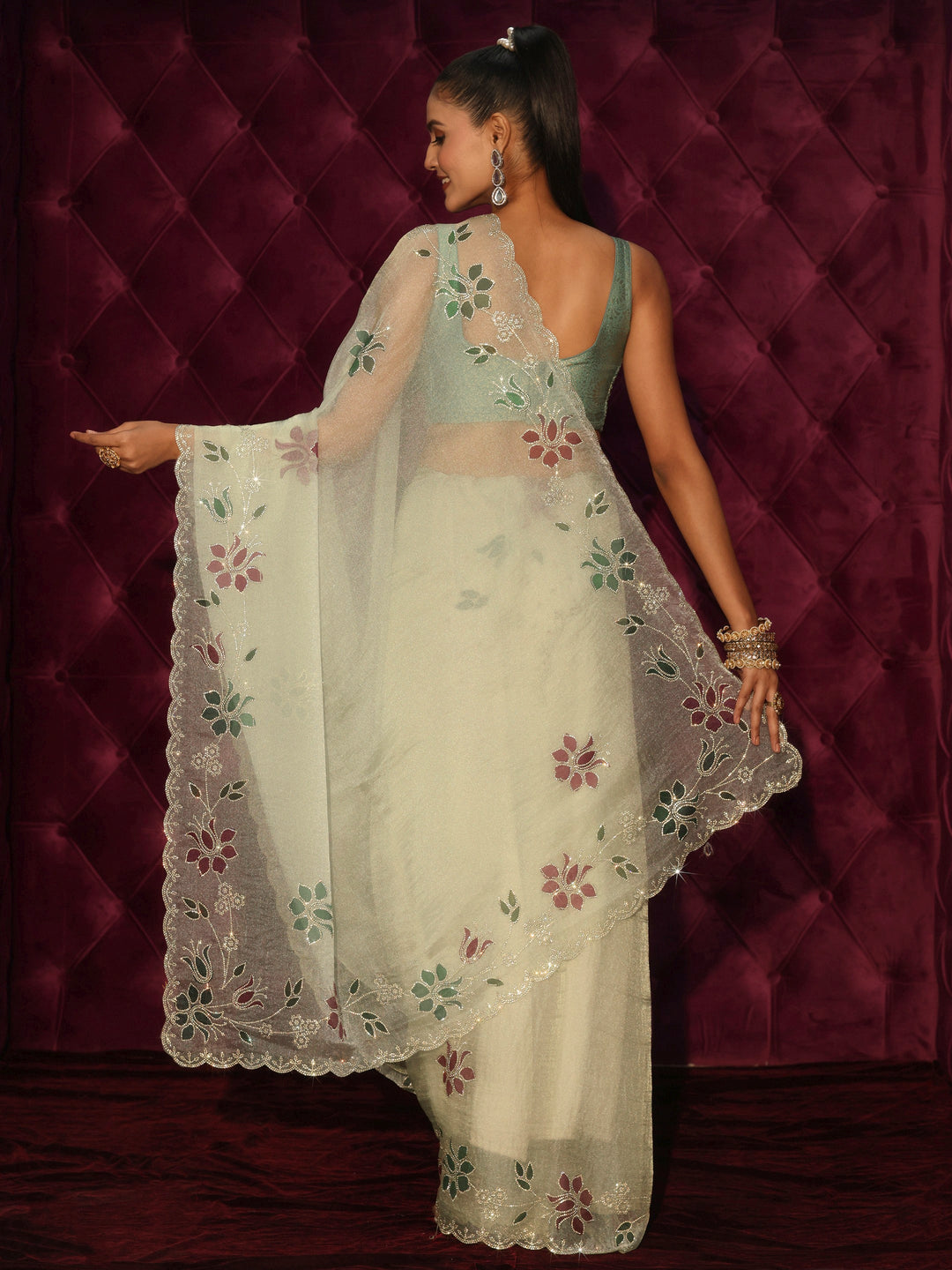  Libas Green Floral Stone Work Embellished Tissue Saree 
