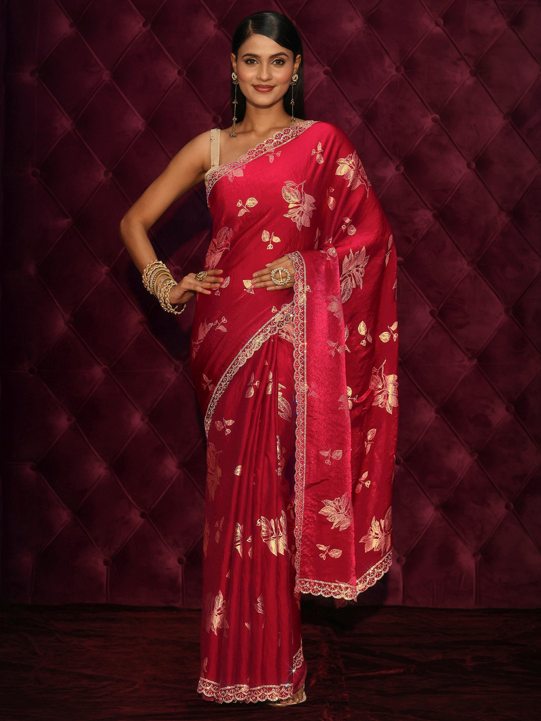  Libas Red Floral Printed Tissue Saree with Embellished Scalloped Border 