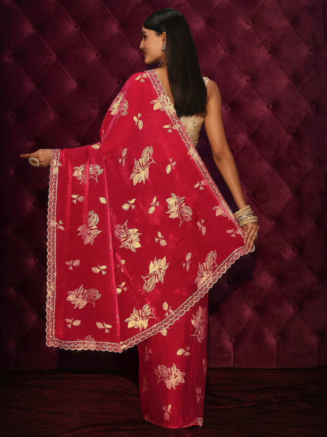  Libas Red Floral Printed Tissue Saree with Embellished Scalloped Border 