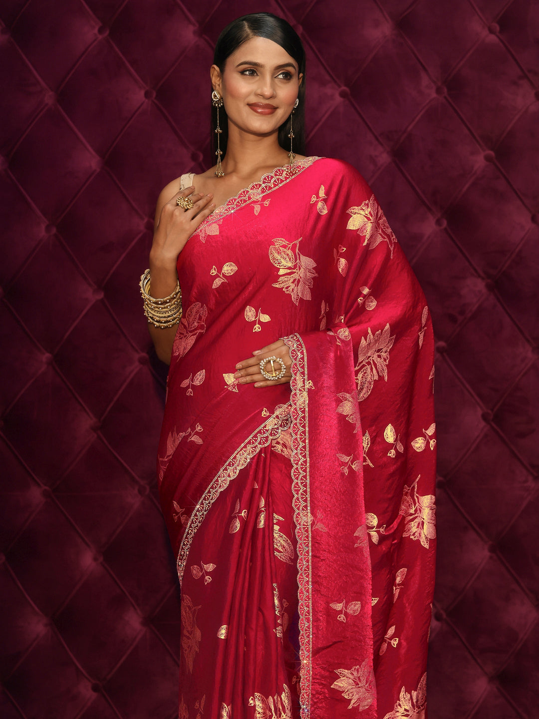  Libas Red Floral Printed Tissue Saree with Embellished Scalloped Border 
