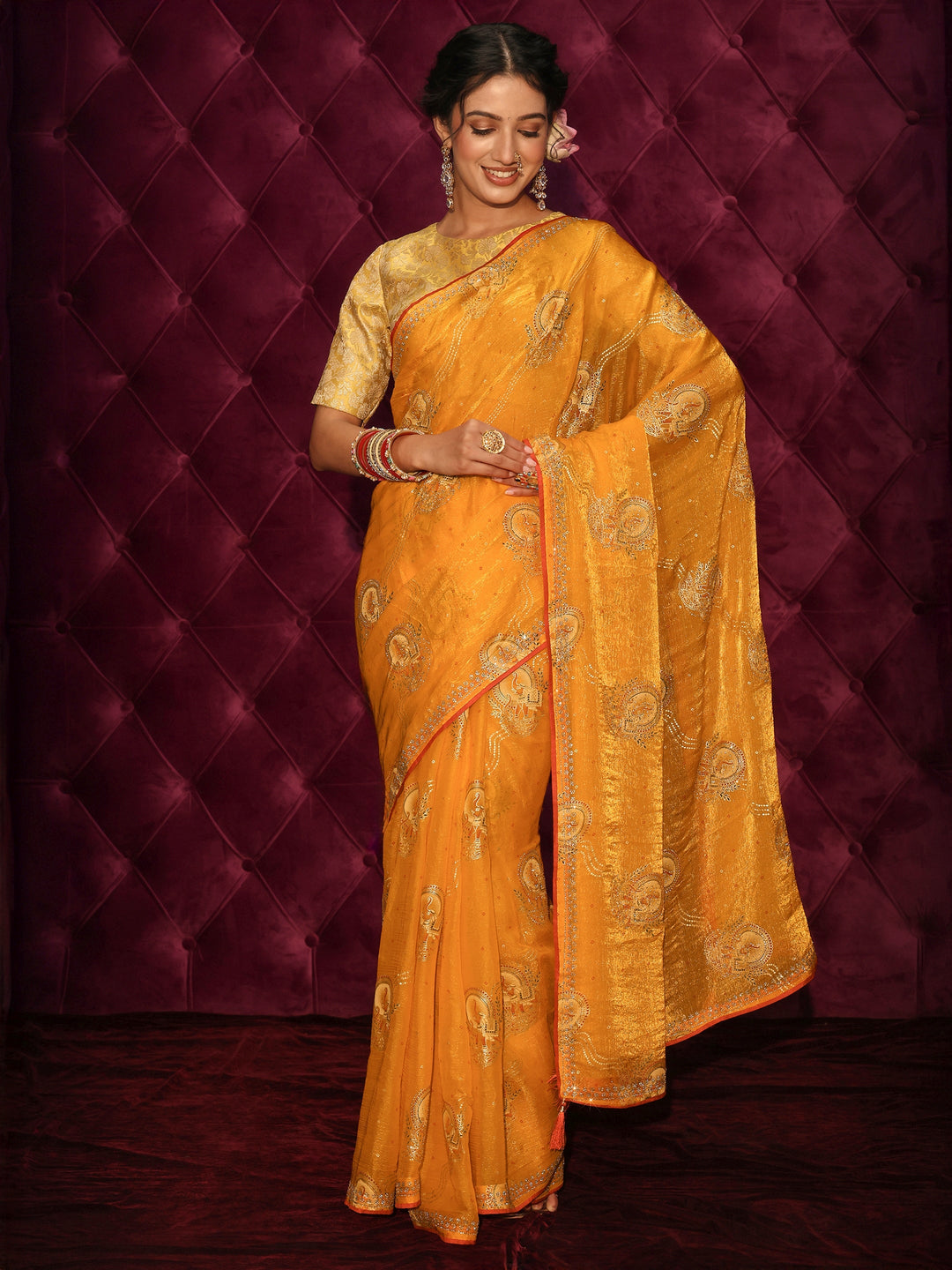  Libas Mustard Elephant Motif Printed Tissue Saree with Stone Work 