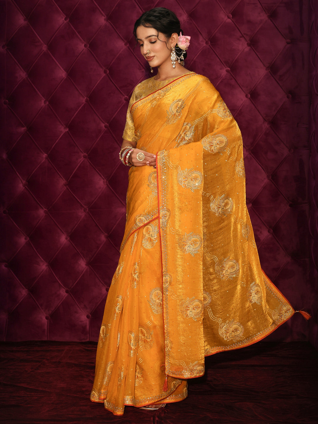  Libas Mustard Elephant Motif Printed Tissue Saree with Stone Work 
