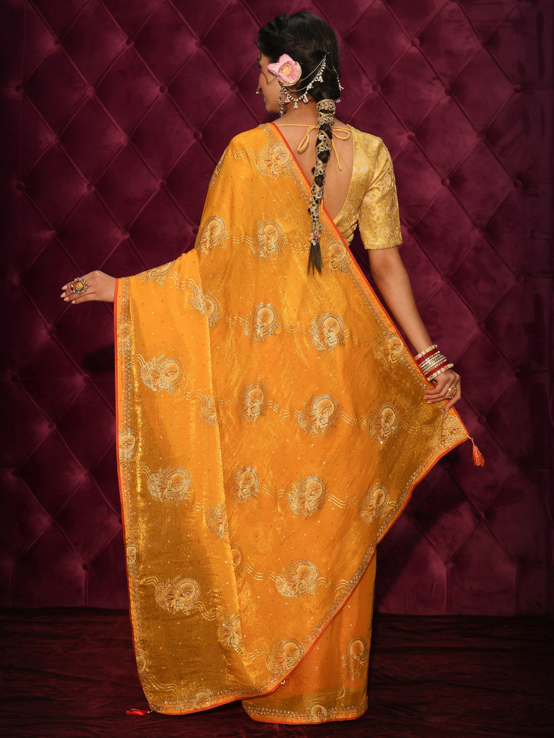  Libas Mustard Elephant Motif Printed Tissue Saree with Stone Work 
