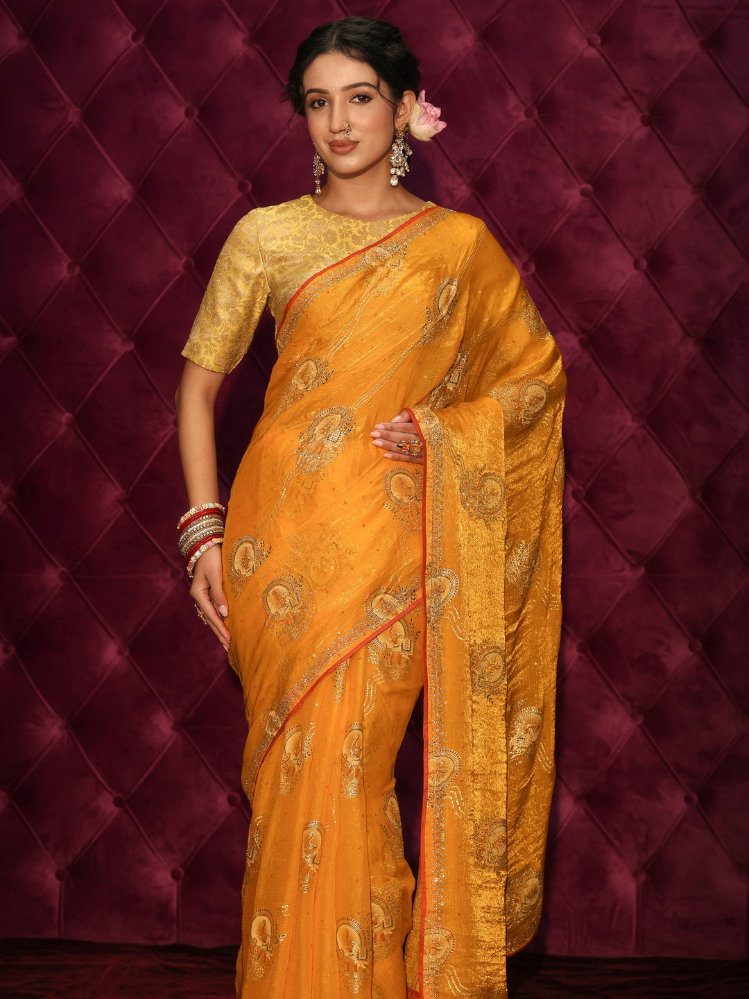  Libas Mustard Elephant Motif Printed Tissue Saree with Stone Work 