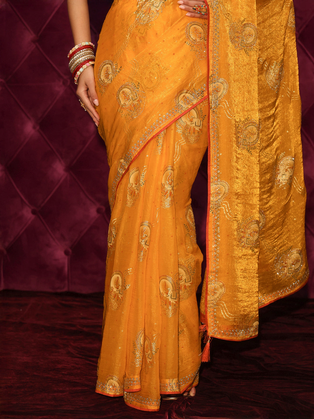  Libas Mustard Elephant Motif Printed Tissue Saree with Stone Work 