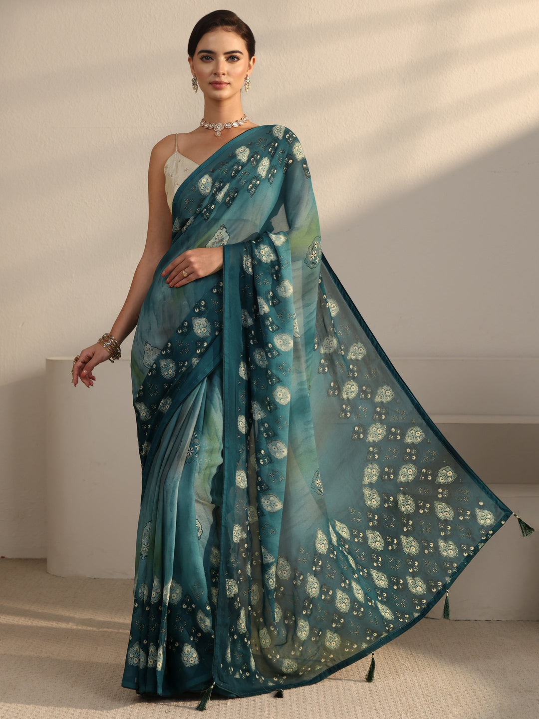  Libas Blue Ethnic Printed Georgette Saree 