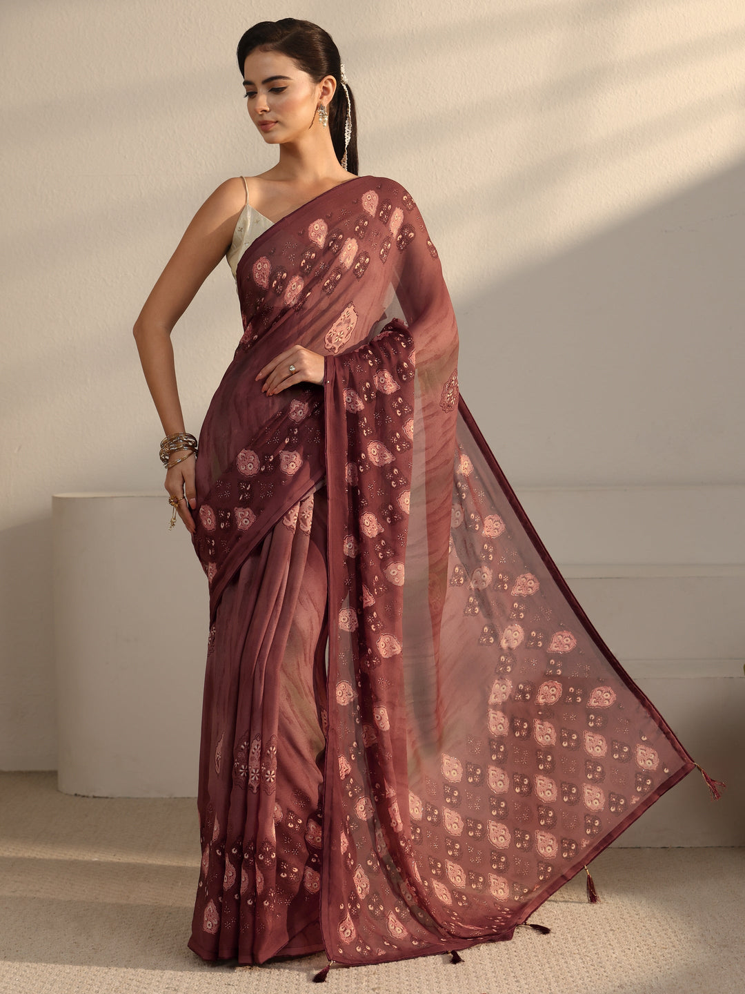  Libas Brown Ethnic Printed Georgette Saree 