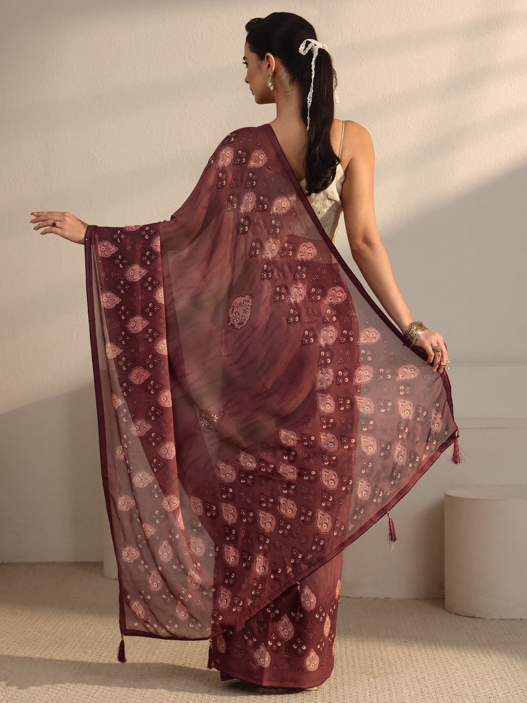  Libas Brown Ethnic Printed Georgette Saree 