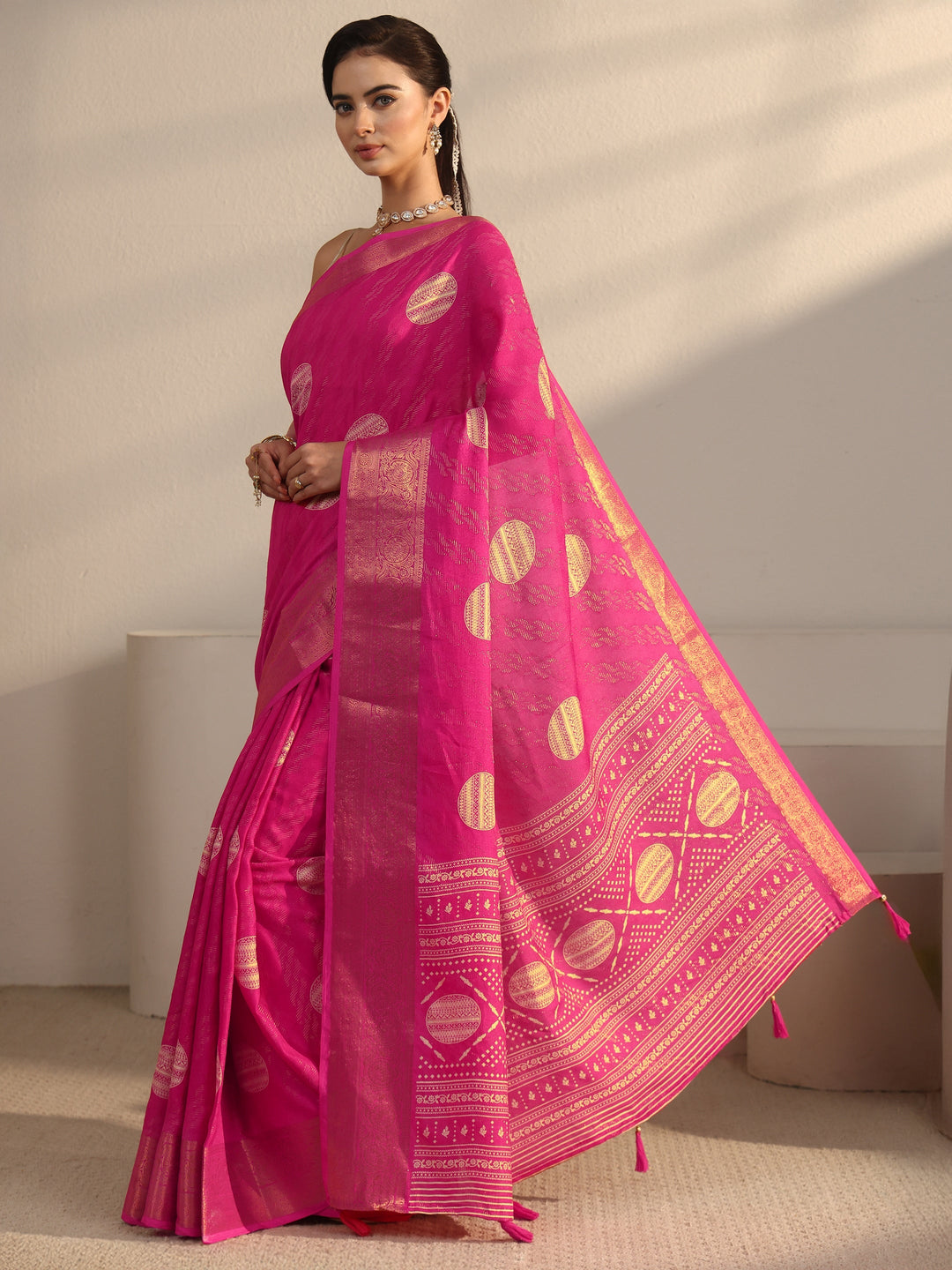  Libas Fuchsia Pink Woven Design Silk Blend Tassel Saree 