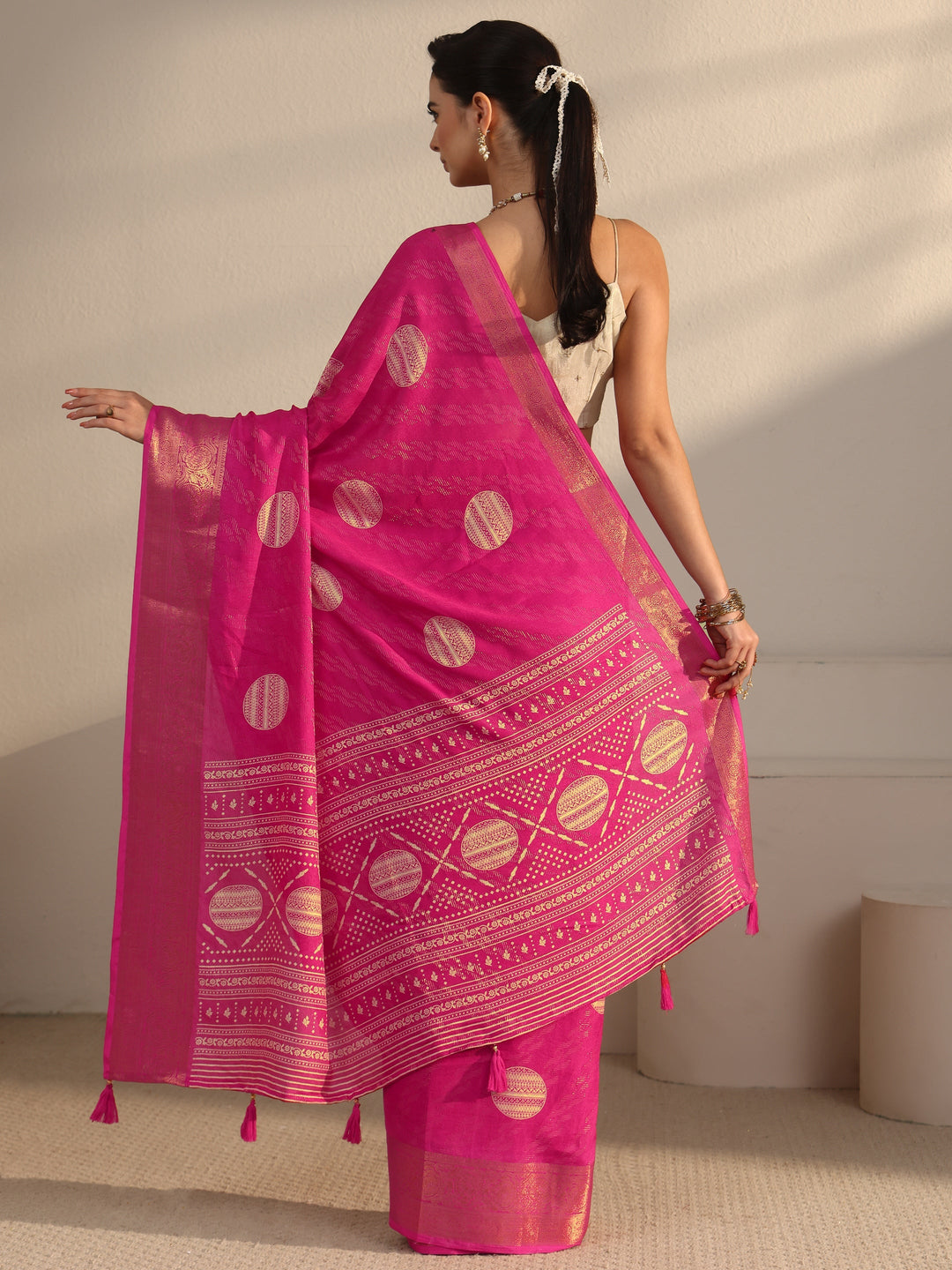  Libas Fuchsia Pink Woven Design Silk Blend Tassel Saree 