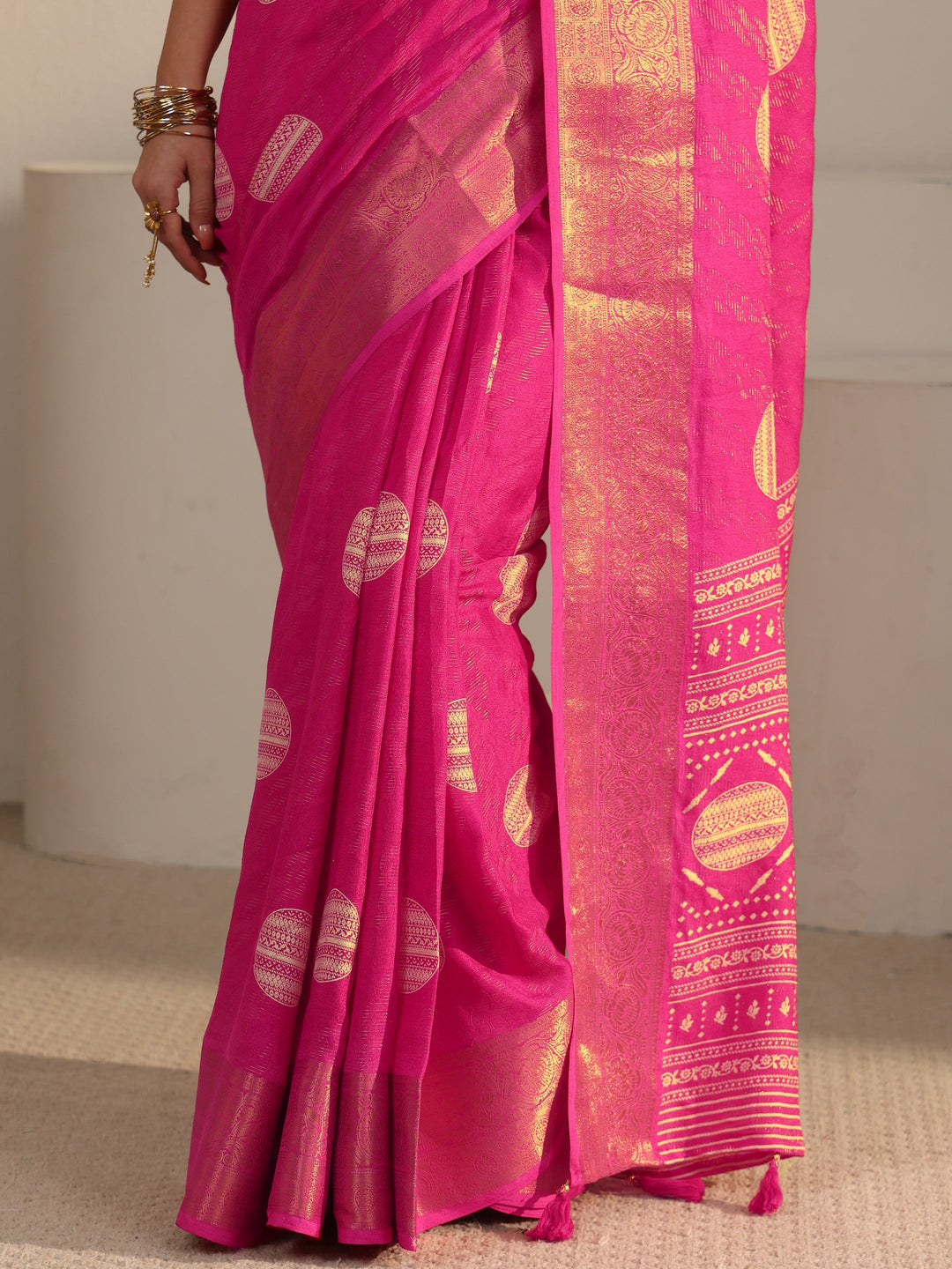  Libas Fuchsia Pink Woven Design Silk Blend Tassel Saree 