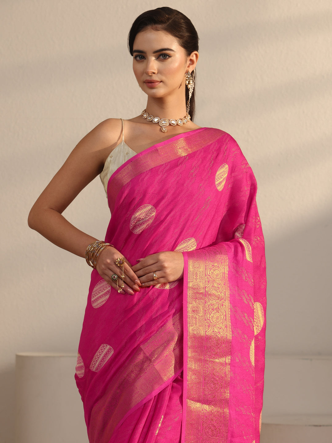  Libas Fuchsia Pink Woven Design Silk Blend Tassel Saree 