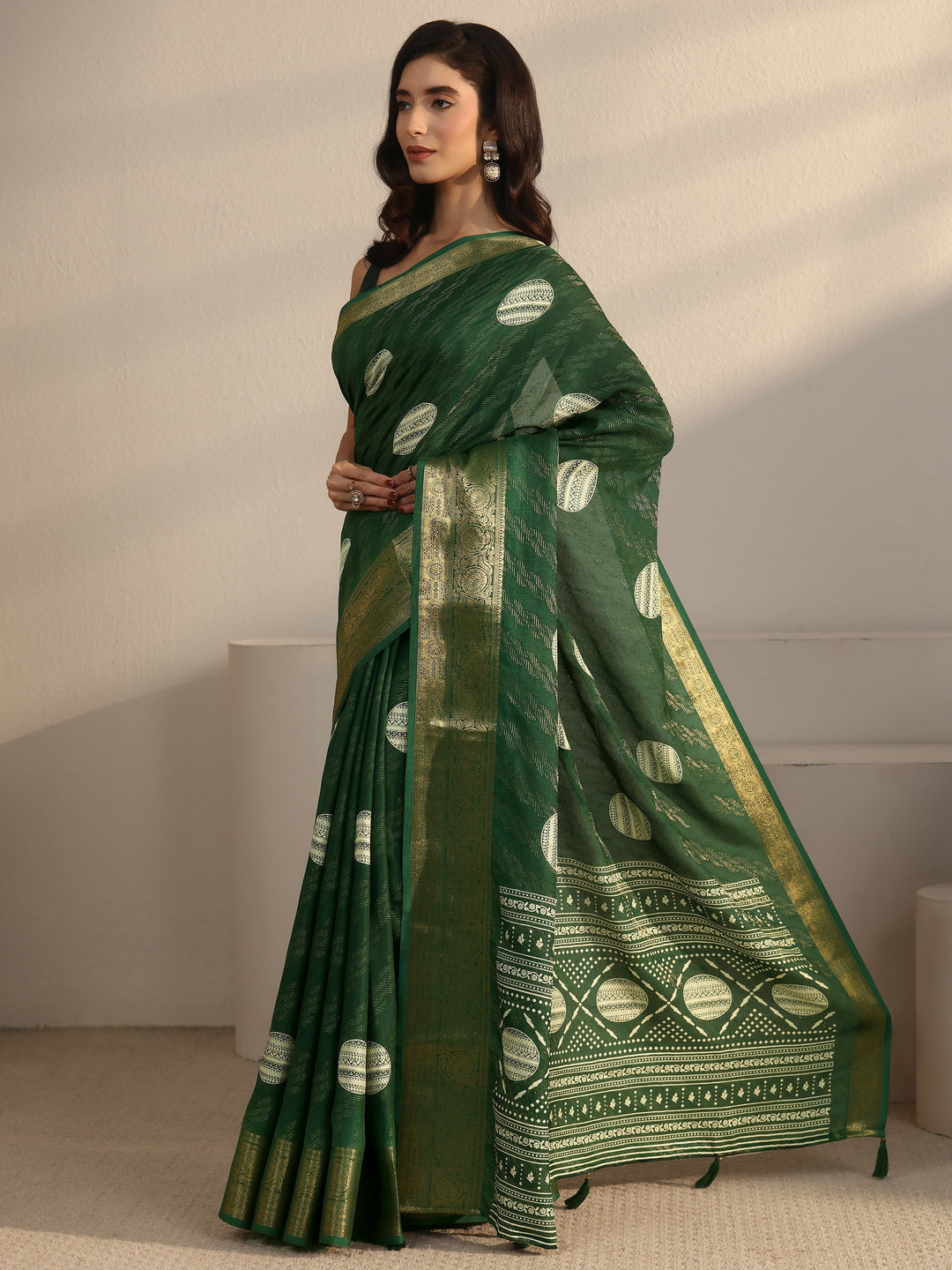  Libas Bottle Green Woven Design Silk Blend Tassel Saree 