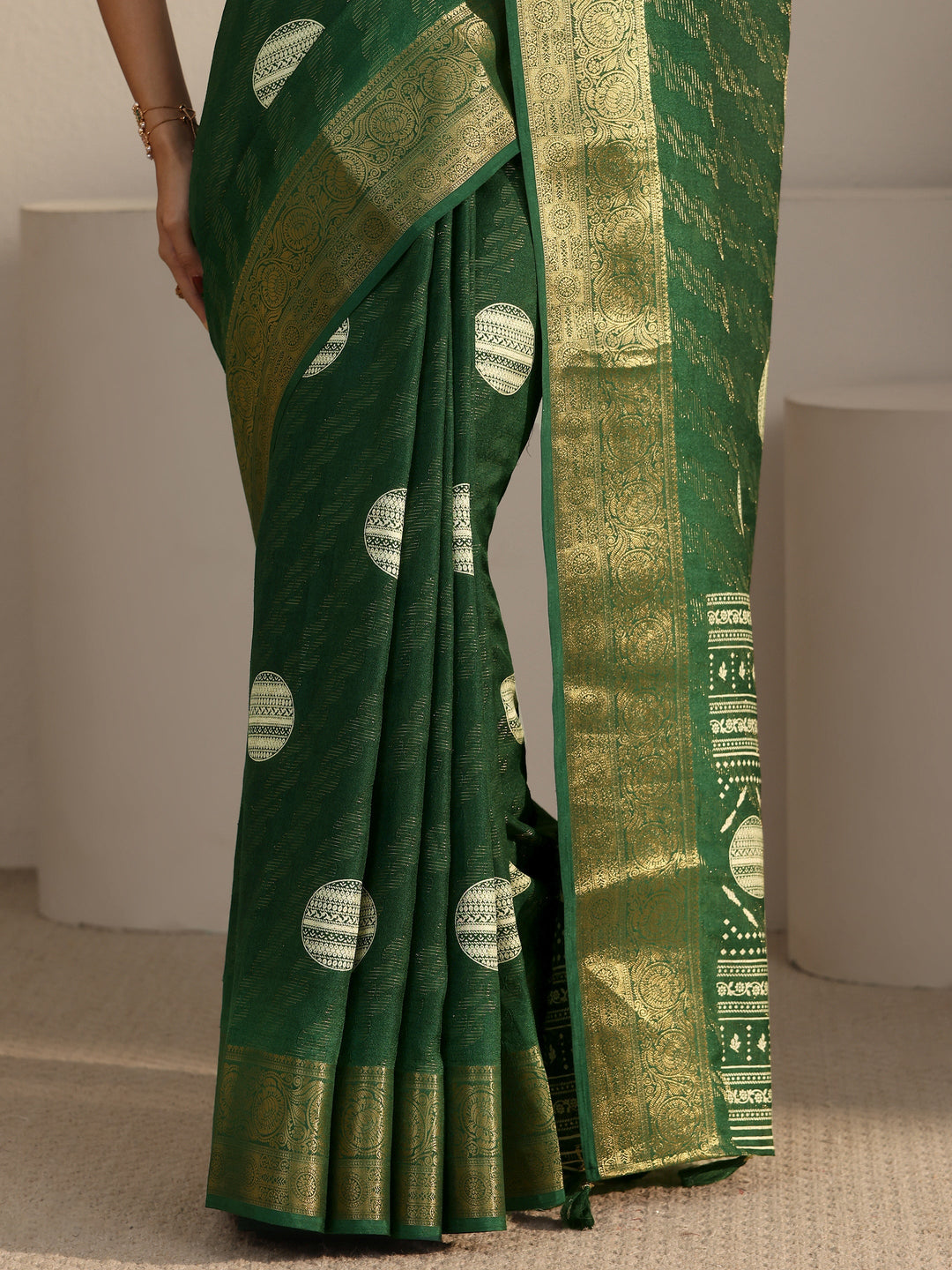  Libas Bottle Green Woven Design Silk Blend Tassel Saree 