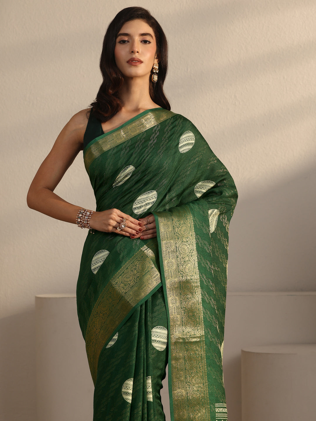  Libas Bottle Green Woven Design Silk Blend Tassel Saree 