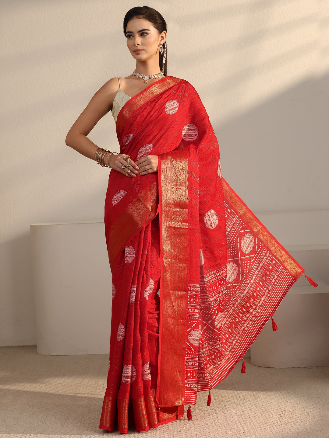  Libas Vermilion Red Woven Design Silk Blend Tassel Saree 