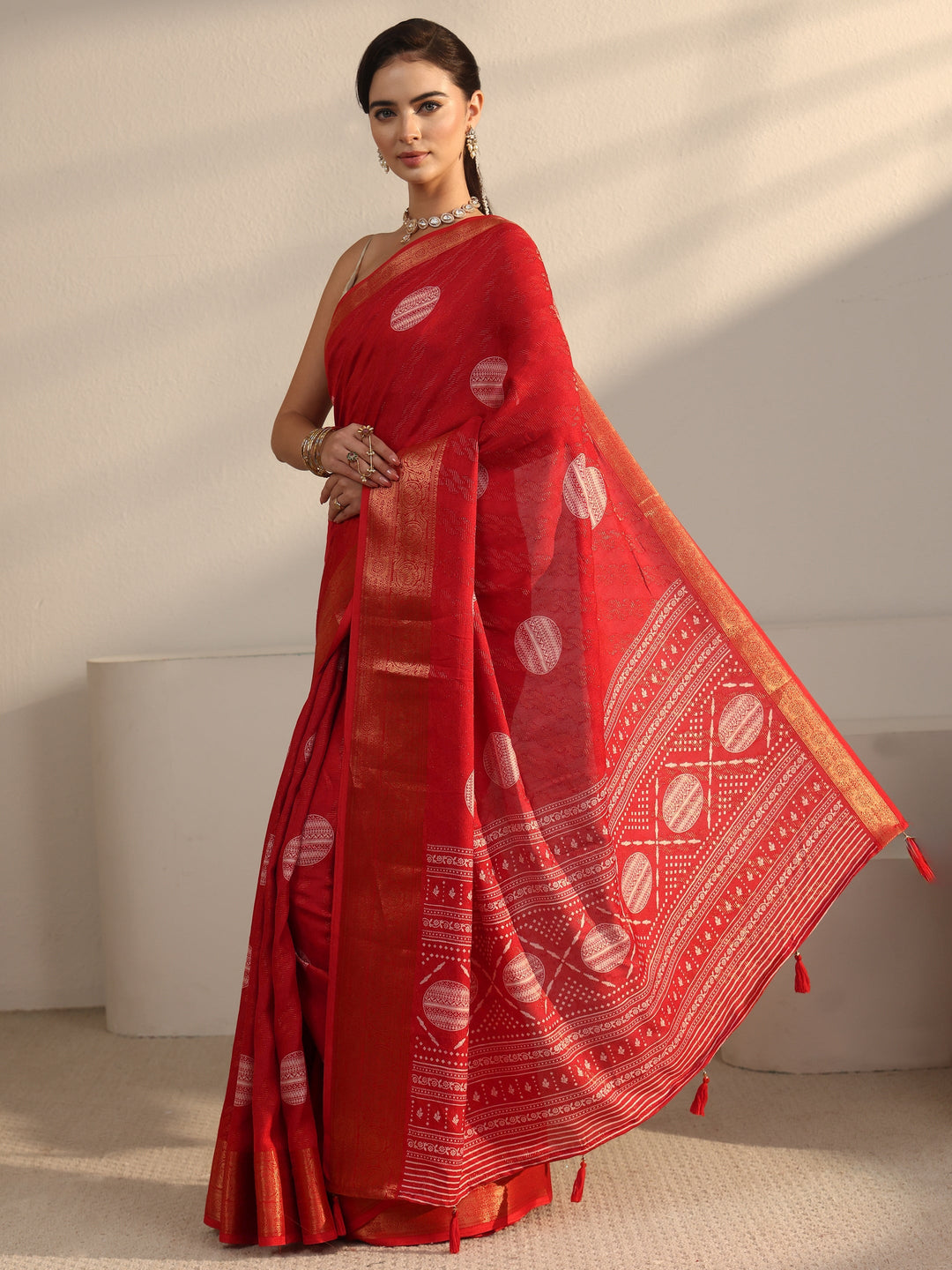  Libas Vermilion Red Woven Design Silk Blend Tassel Saree 