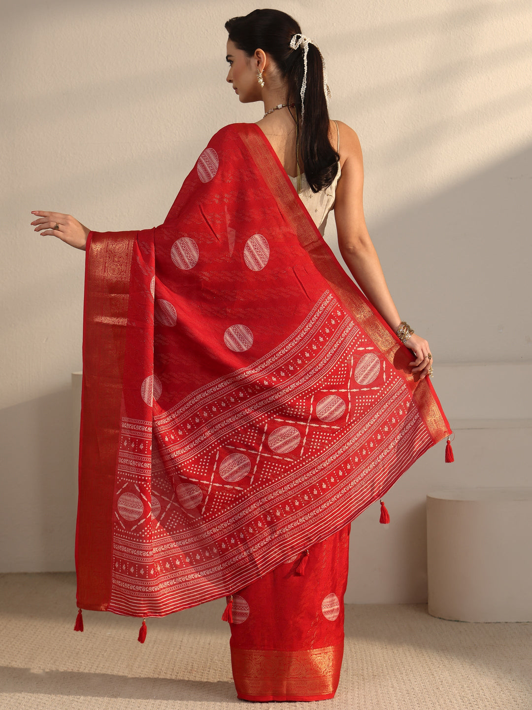  Libas Vermilion Red Woven Design Silk Blend Tassel Saree 