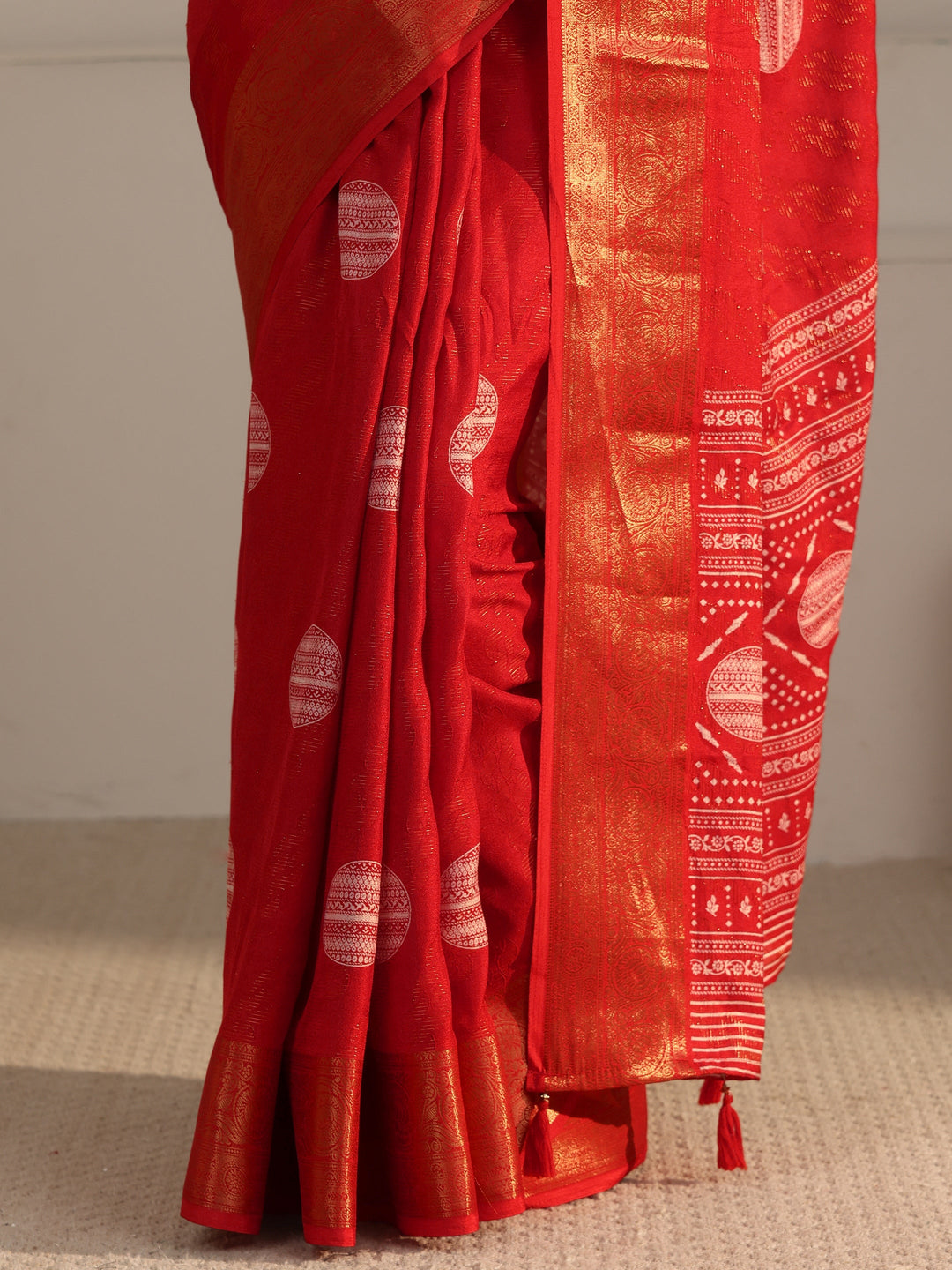  Libas Vermilion Red Woven Design Silk Blend Tassel Saree 