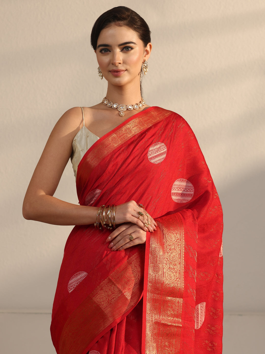  Libas Vermilion Red Woven Design Silk Blend Tassel Saree 