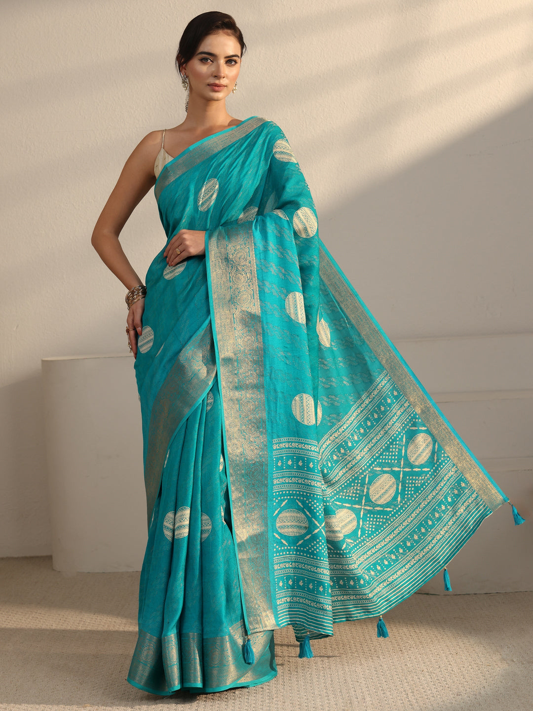  Libas Turquoise Blue Woven Design Silk Blend Tassel Saree 