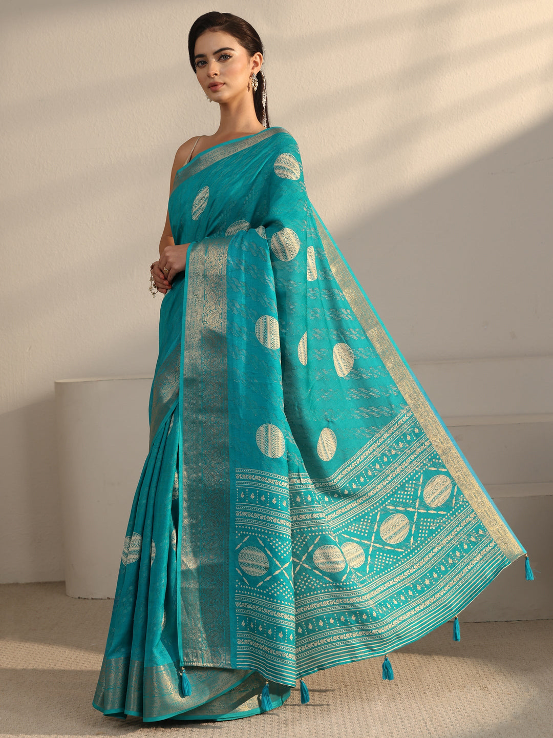  Libas Turquoise Blue Woven Design Silk Blend Tassel Saree 