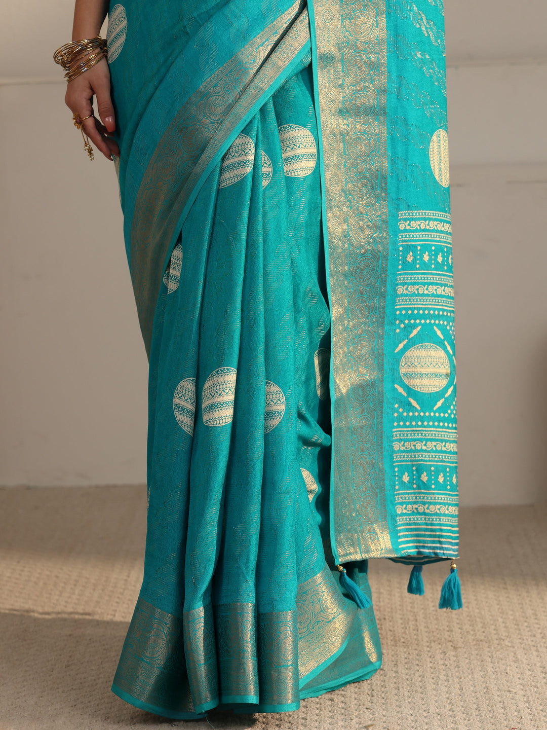  Libas Turquoise Blue Woven Design Silk Blend Tassel Saree 