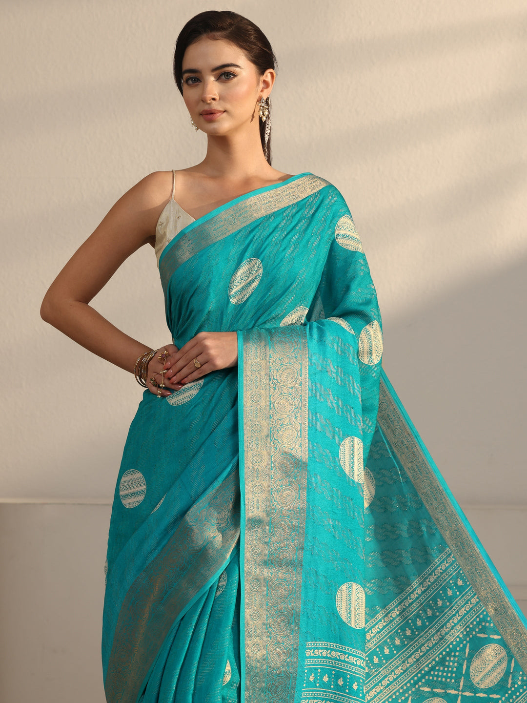  Libas Turquoise Blue Woven Design Silk Blend Tassel Saree 