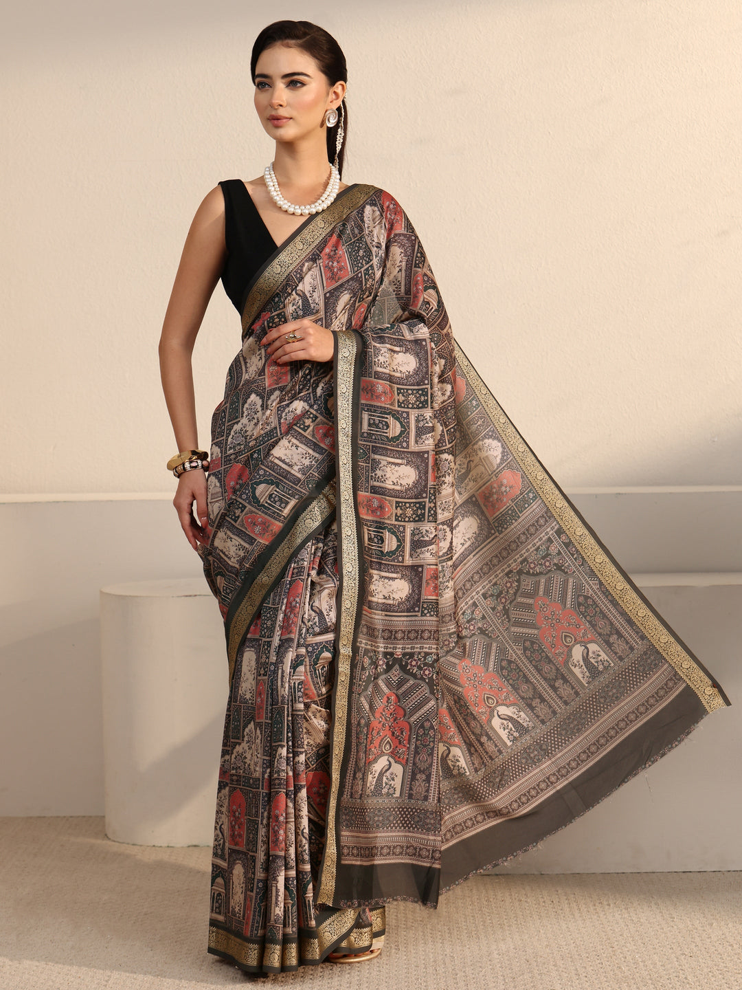  Libas Dusty Green Jharokha Printed Silk Blend Saree 
