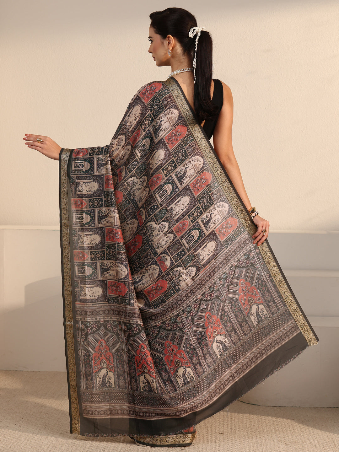  Libas Dusty Green Jharokha Printed Silk Blend Saree 
