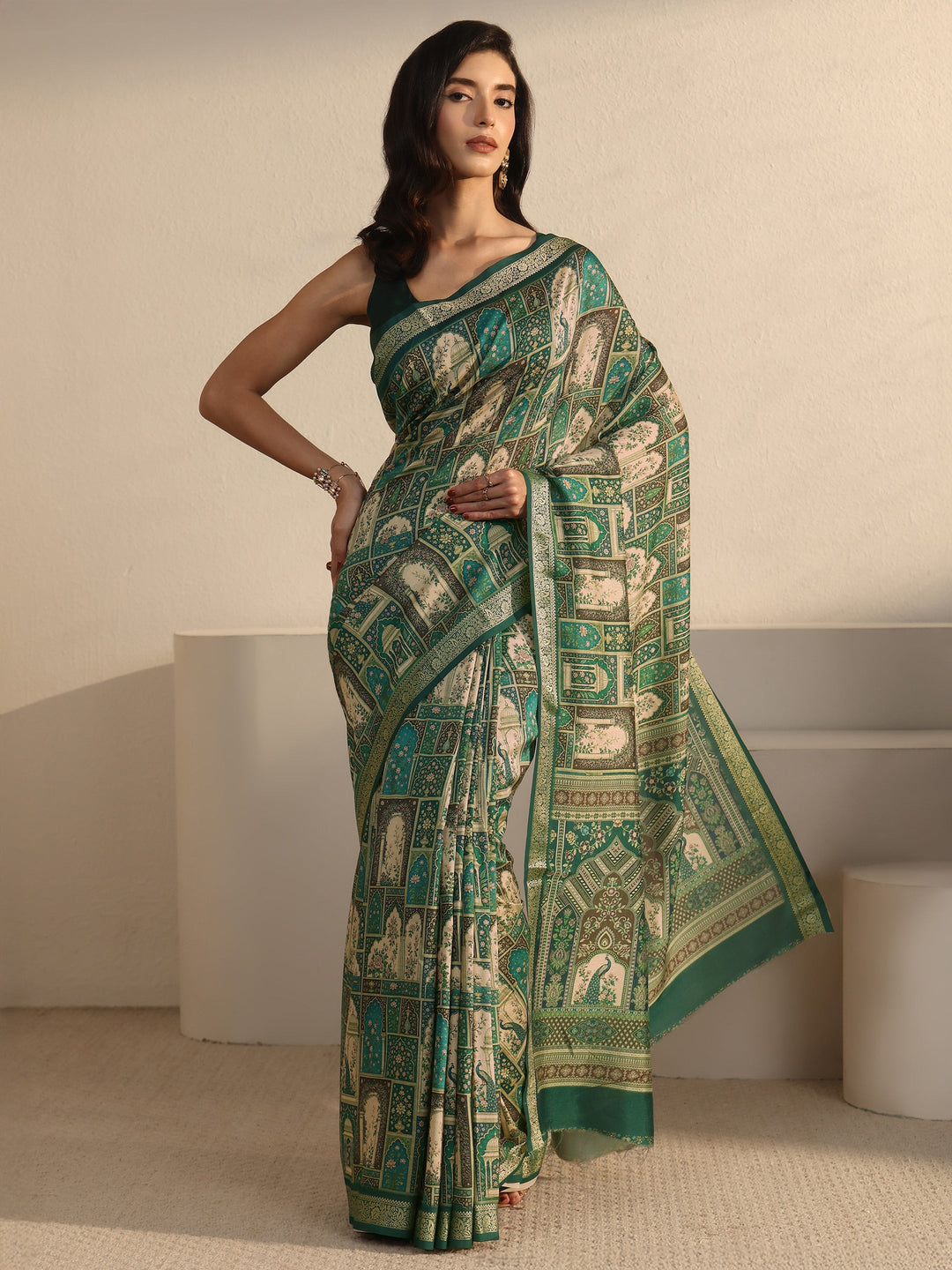  Libas Green Jharokha Printed Silk Blend Saree 