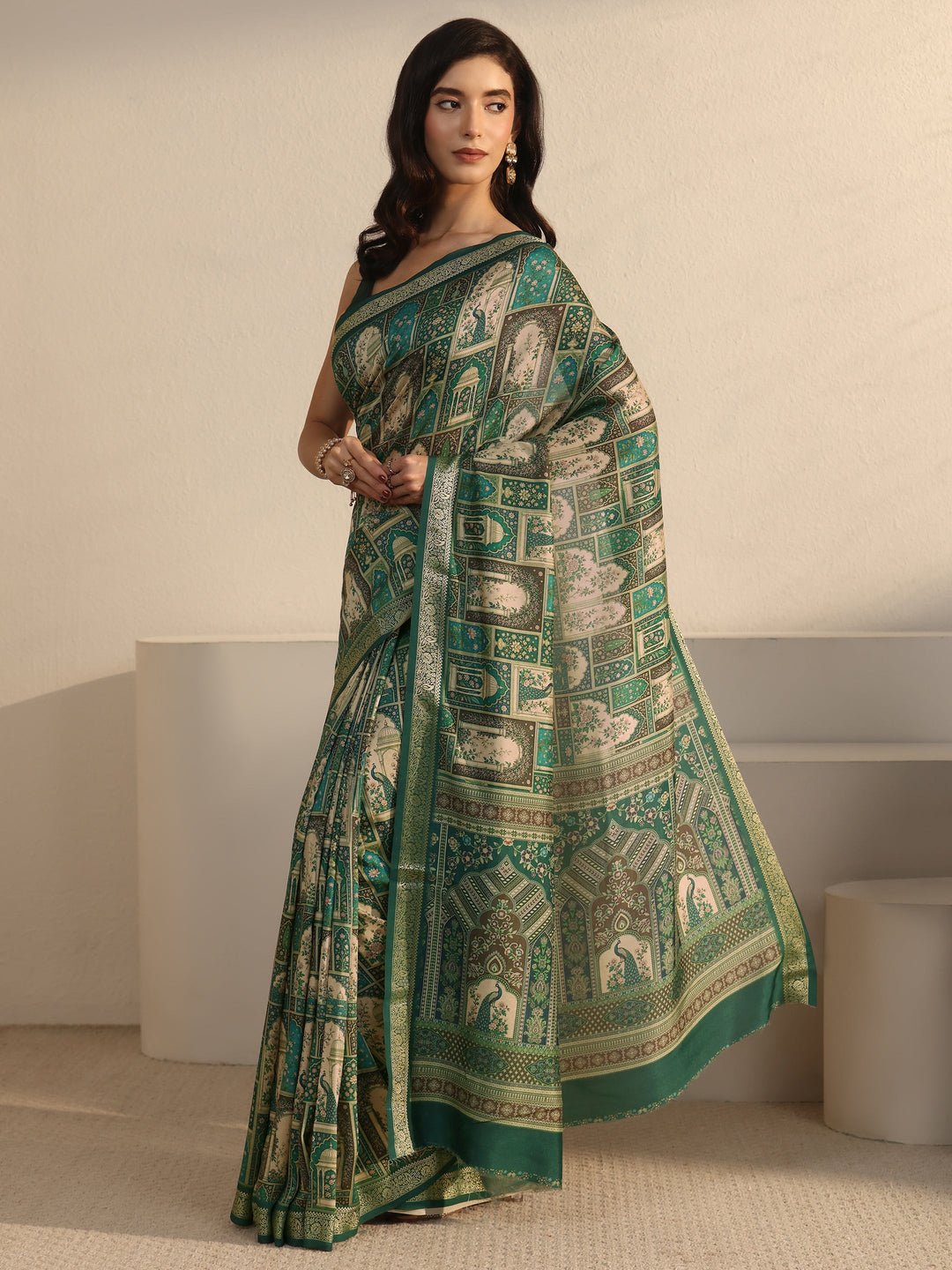  Libas Green Jharokha Printed Silk Blend Saree 
