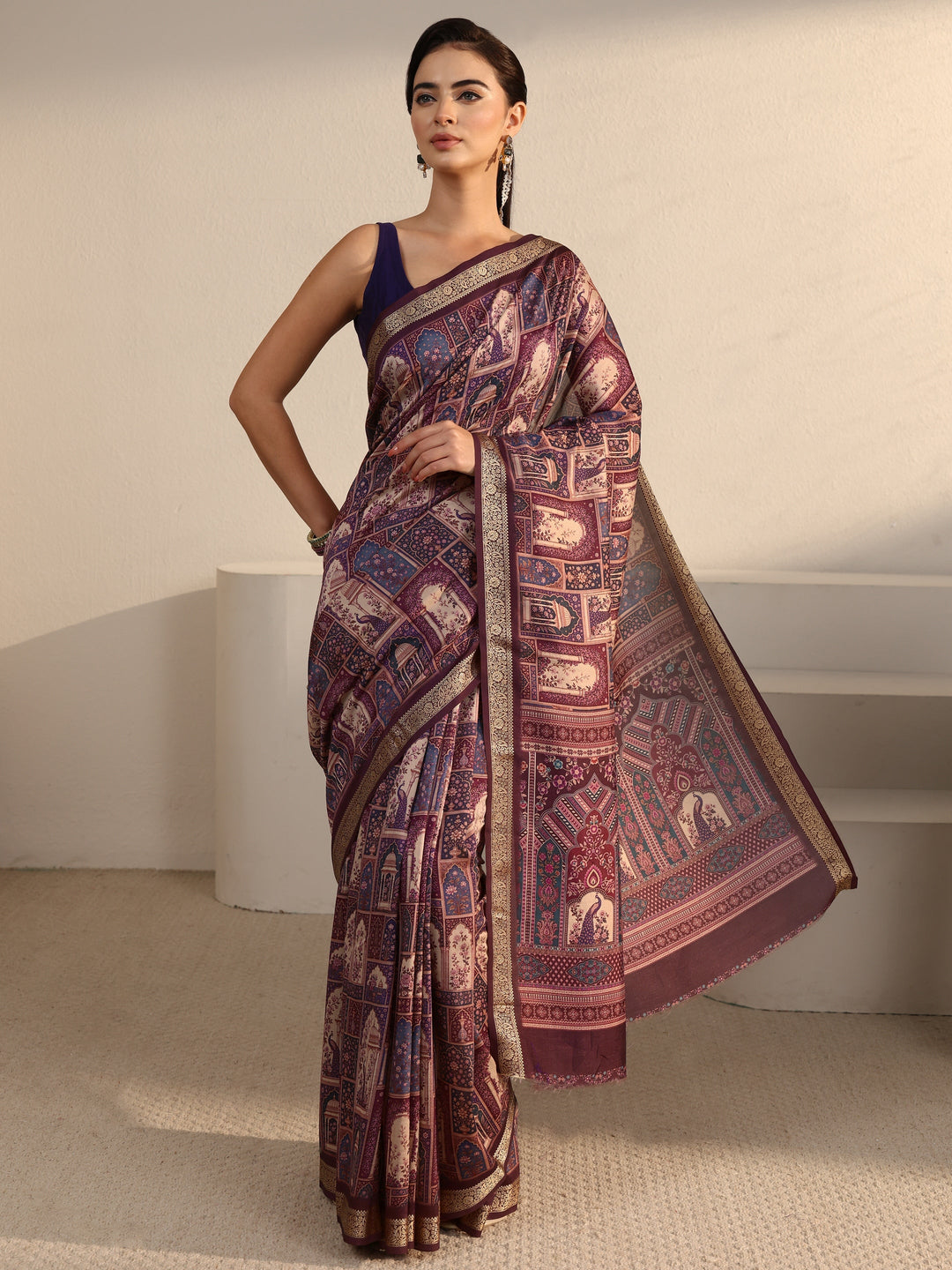  Libas Brown Jharokha Printed Silk Blend Saree 