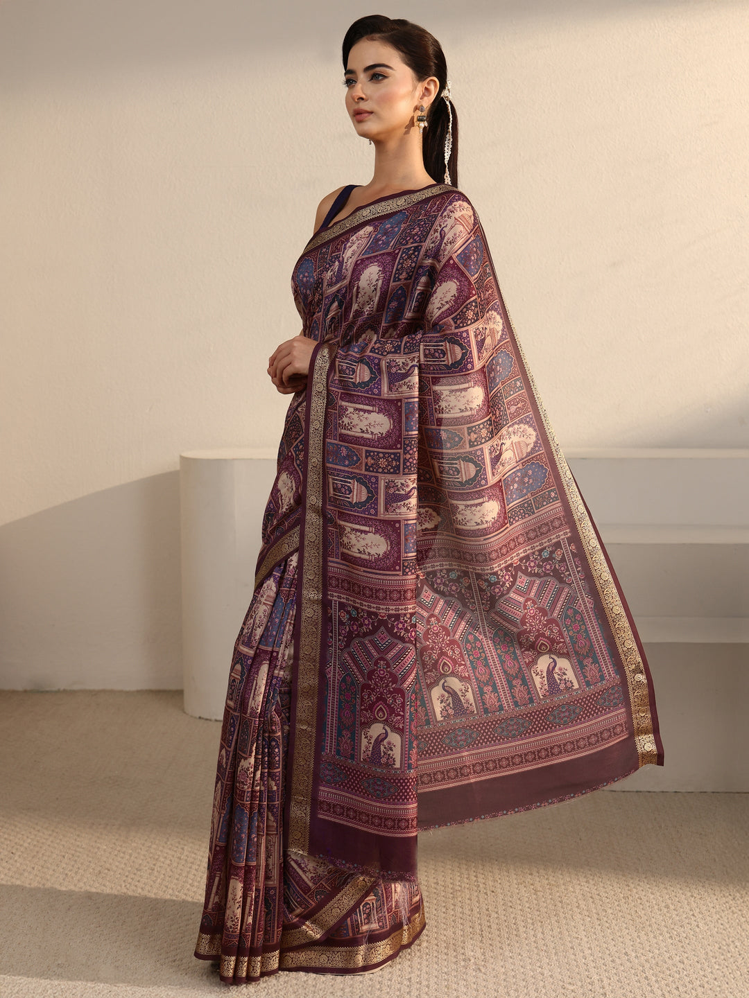  Libas Brown Jharokha Printed Silk Blend Saree 