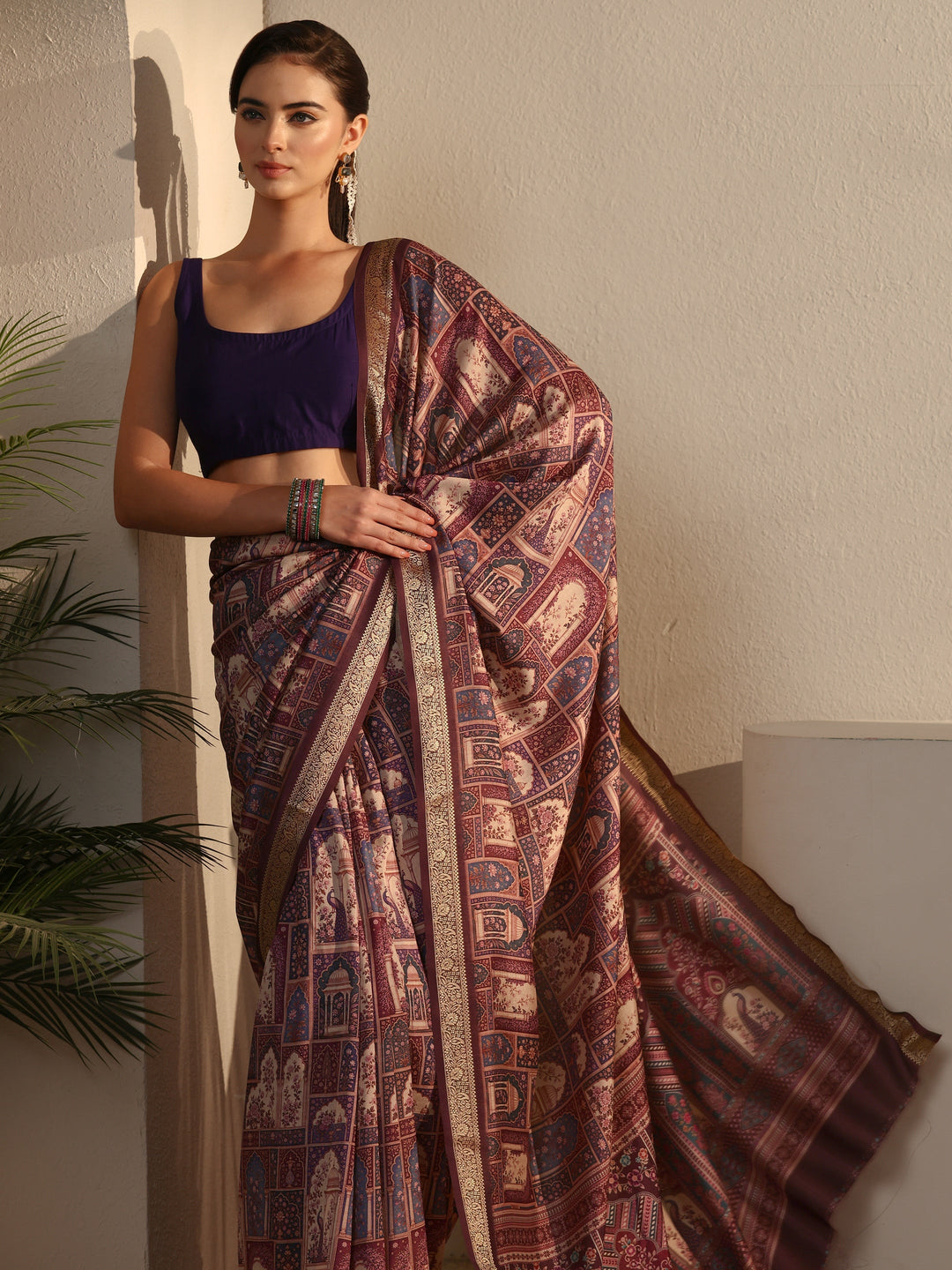  Libas Brown Jharokha Printed Silk Blend Saree 