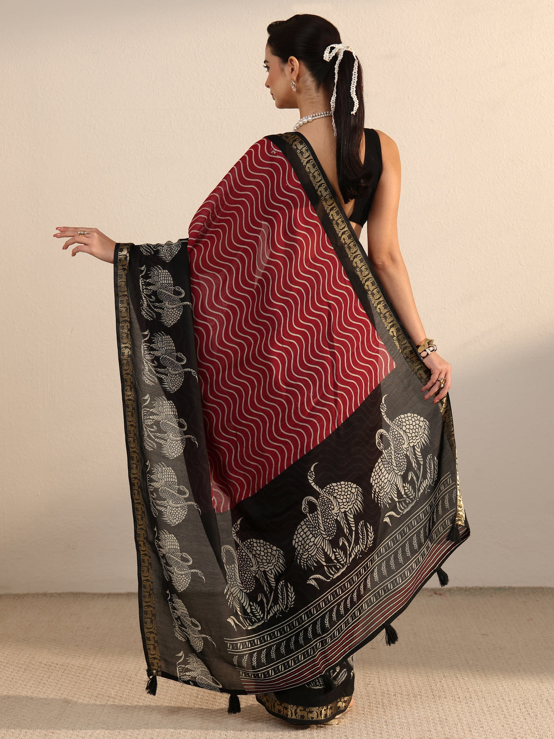  Libas Red and Black Wavy Stripe Printed Silk Blend Tassel Saree 