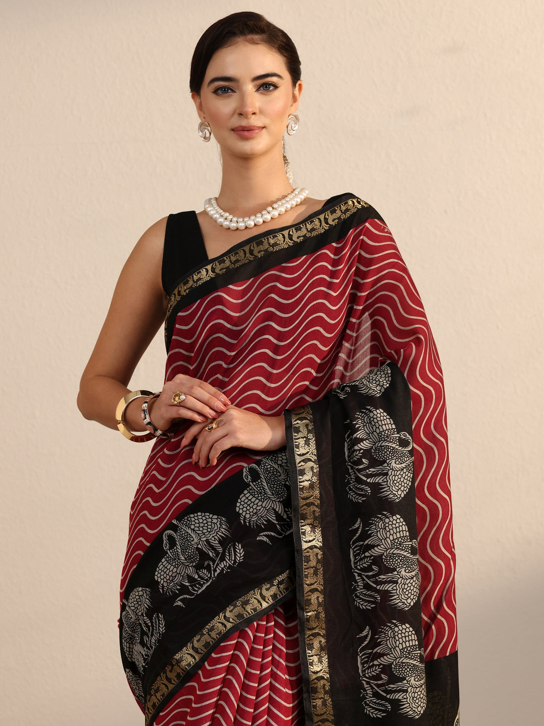  Libas Red and Black Wavy Stripe Printed Silk Blend Tassel Saree 