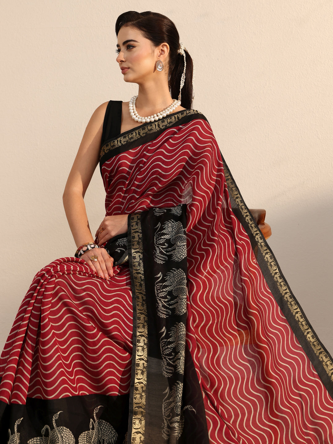  Libas Red and Black Wavy Stripe Printed Silk Blend Tassel Saree 