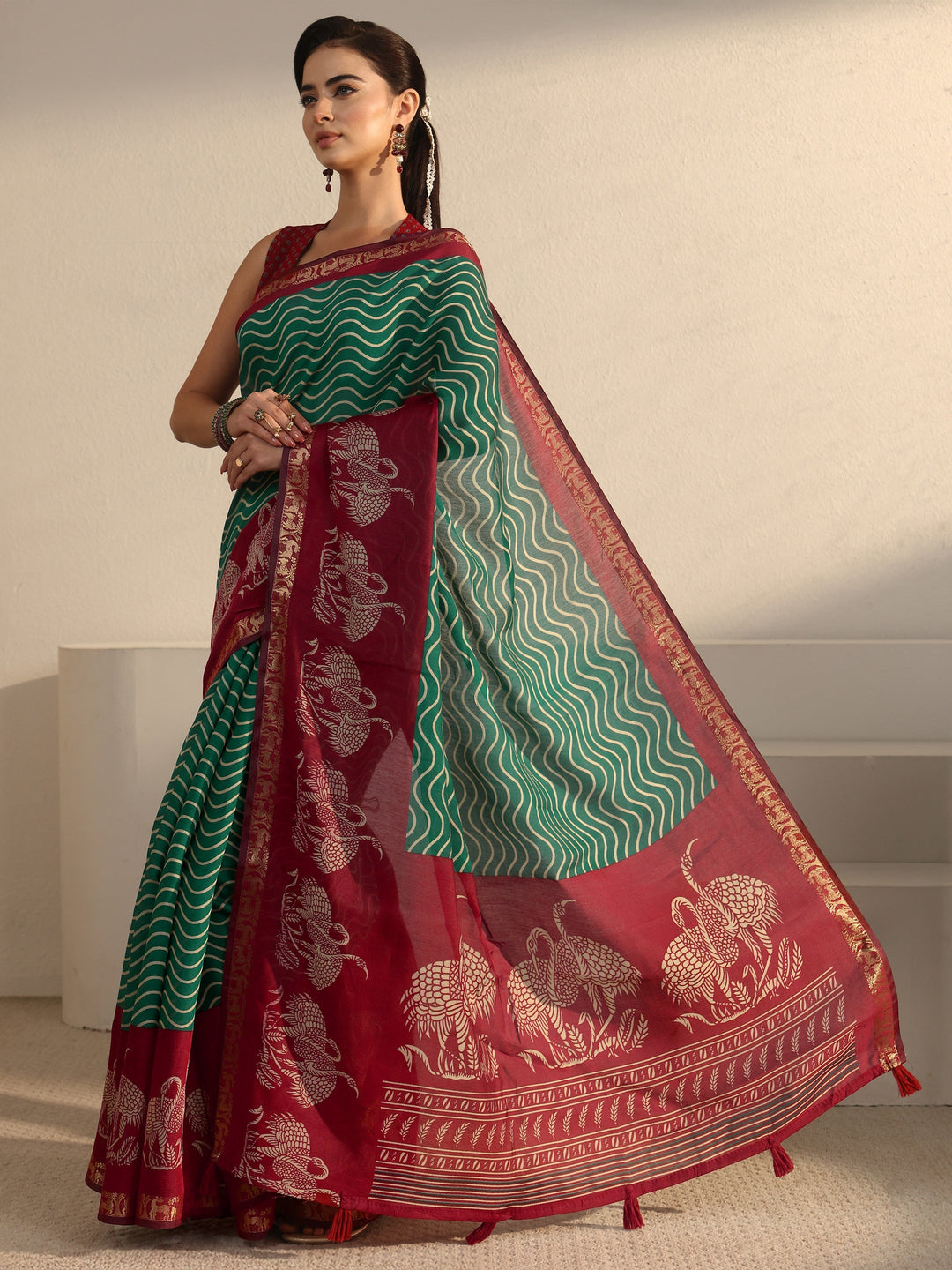  Libas Green and Red Wavy Stripe Printed Silk Blend Tassel Saree 