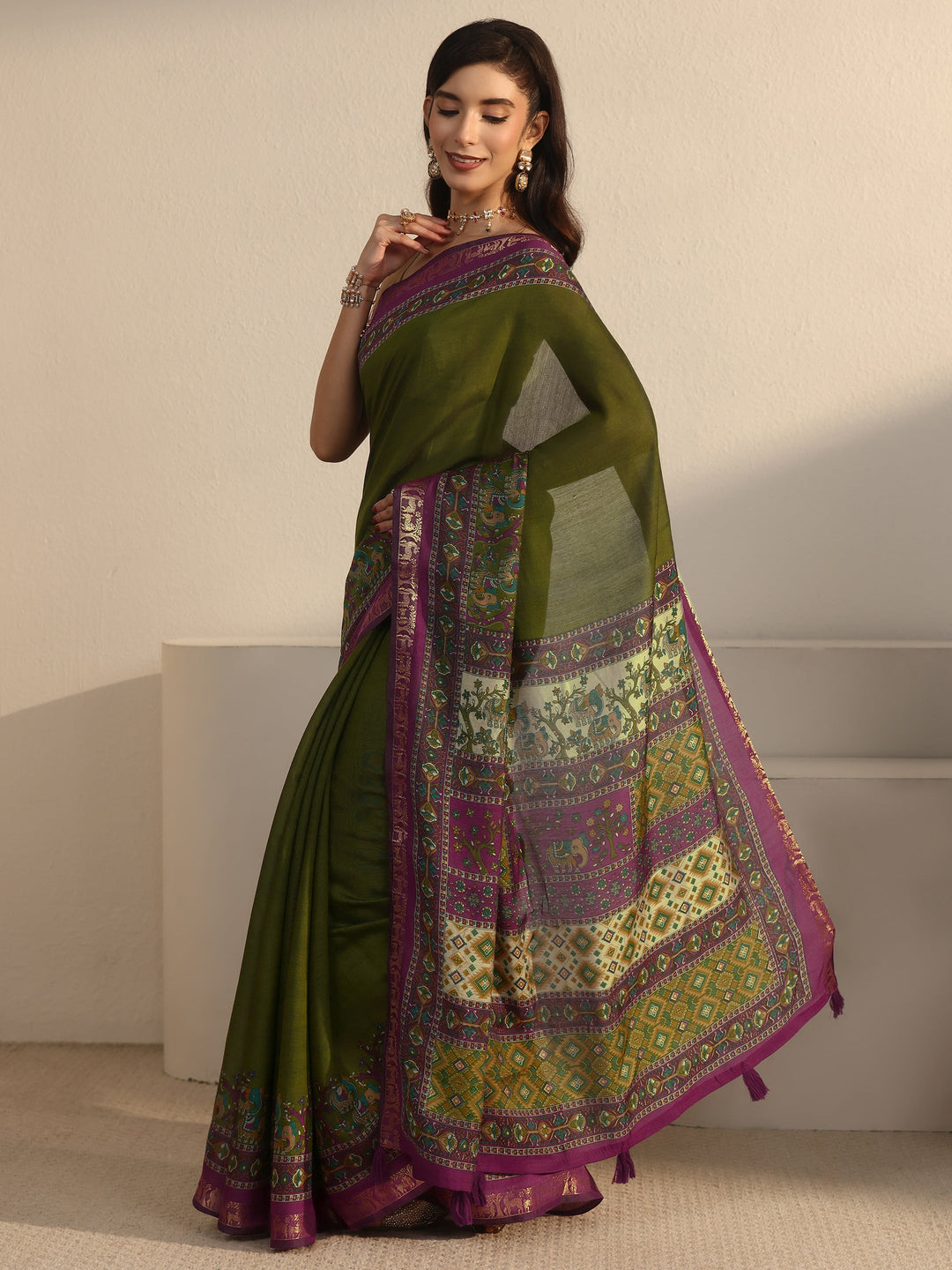  Libas Green and Purple Printed Silk Blend Tassel Saree 