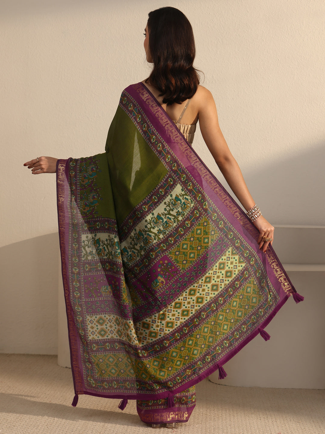  Libas Green and Purple Printed Silk Blend Tassel Saree 