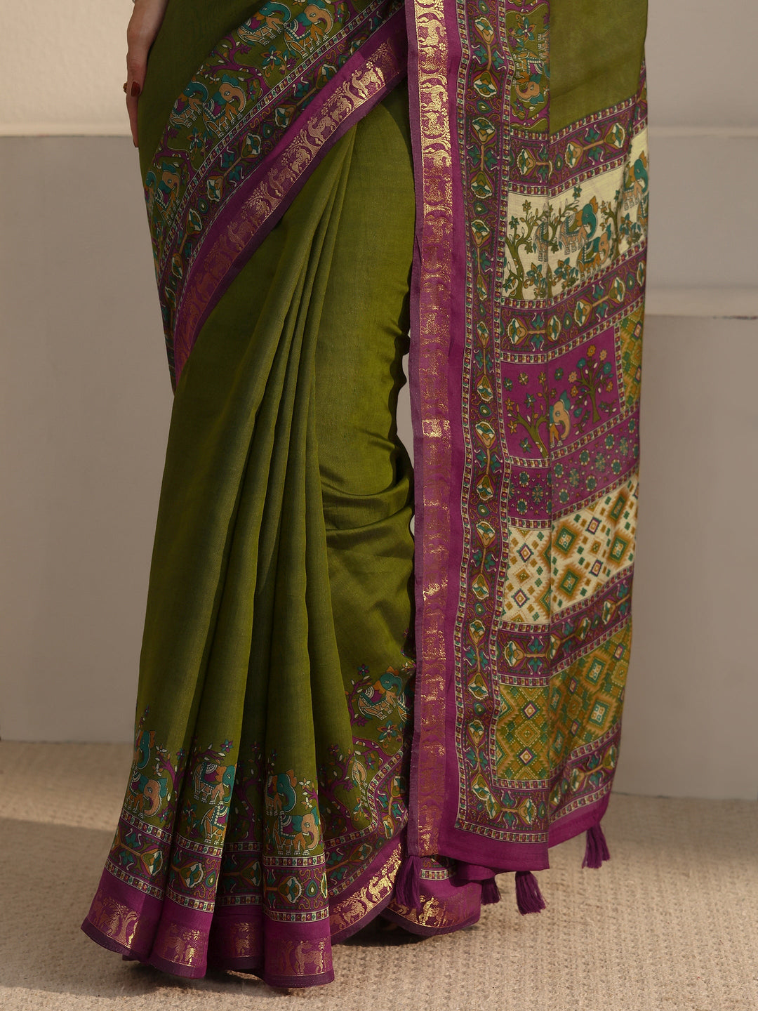  Libas Green and Purple Printed Silk Blend Tassel Saree 