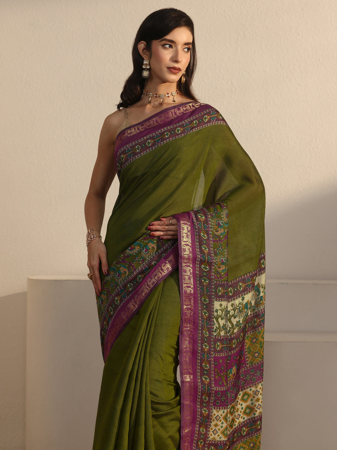  Libas Green and Purple Printed Silk Blend Tassel Saree 