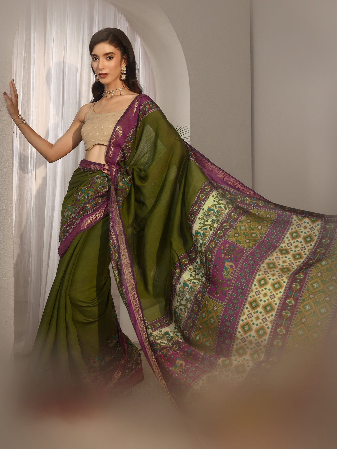  Libas Green and Purple Printed Silk Blend Tassel Saree 