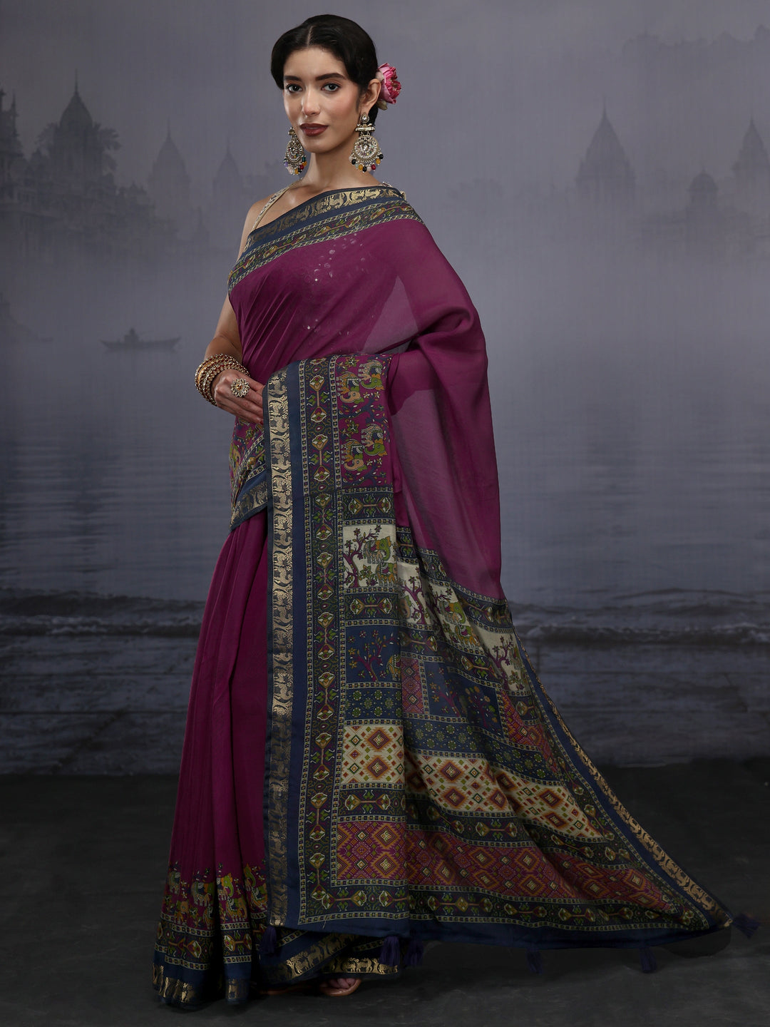  Libas Purple Silk Blend Saree with Multi Printed Border 