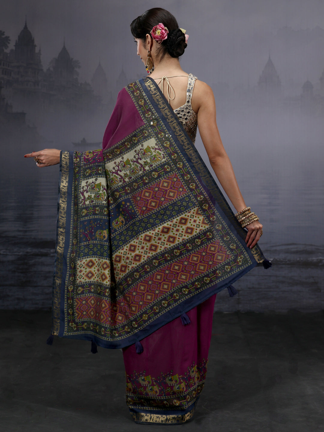  Libas Purple Silk Blend Saree with Multi Printed Border 