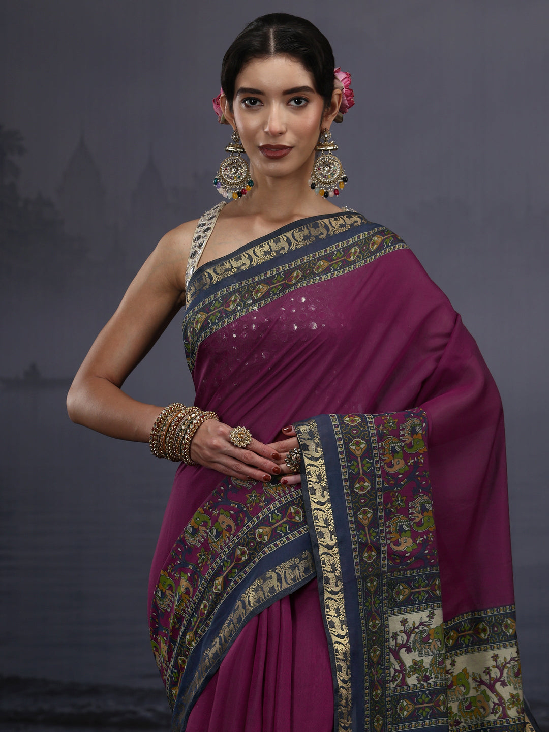  Libas Purple Silk Blend Saree with Multi Printed Border 