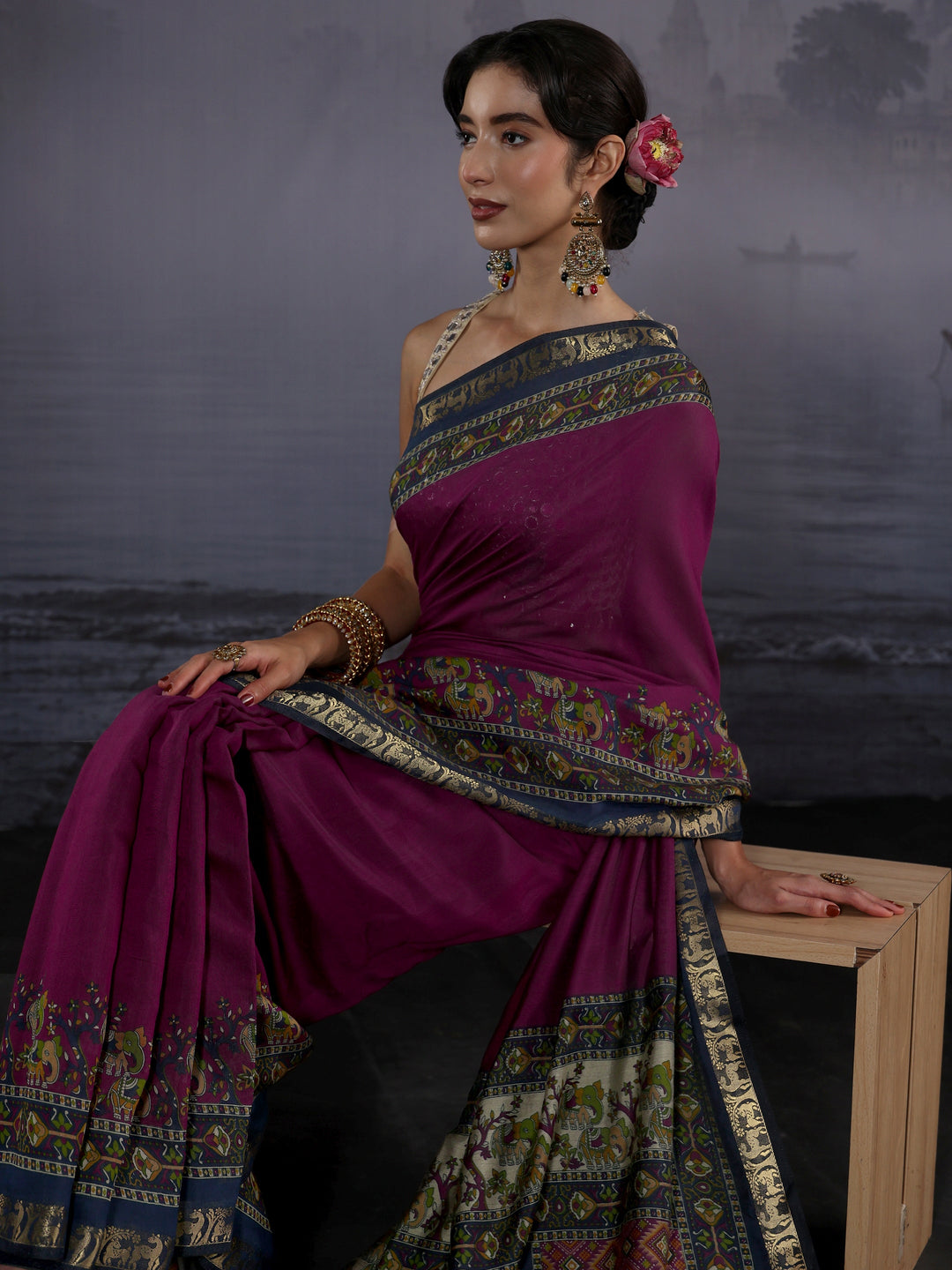  Libas Purple Silk Blend Saree with Multi Printed Border 