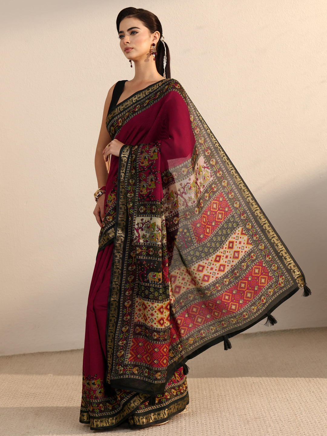  Libas Maroon and Black Printed Silk Blend Tassel Saree 